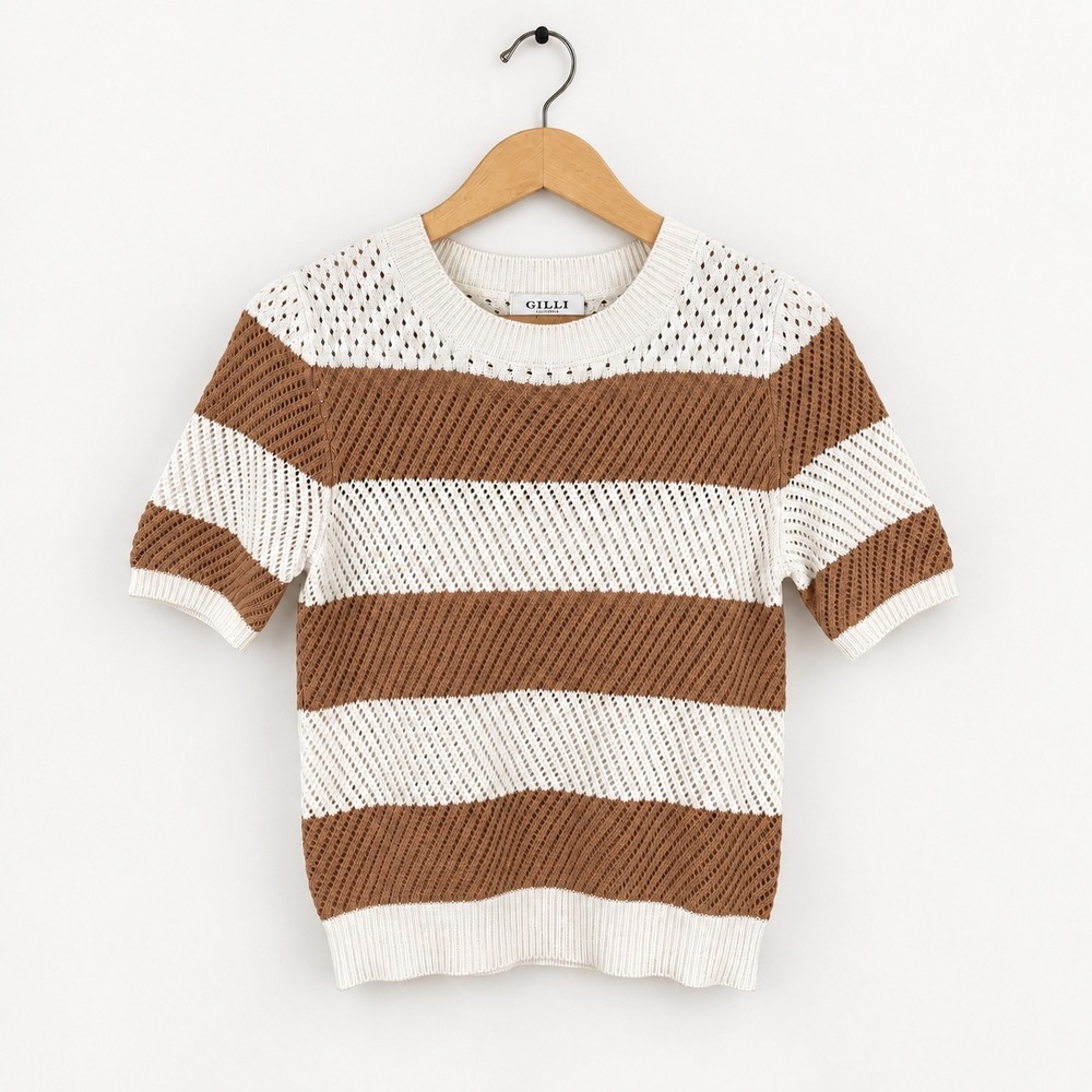 Gilli Striped Sweater Womens Medium Brown Ivory Pointelle Knit Short Sleeve Top